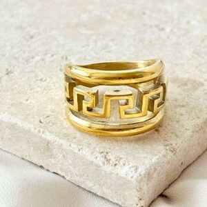 Bold Greek Key Meander Wide Band Ring Rich Gold Tone Stainless Steel